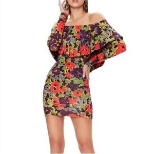 AFRM Women's Size S Off Shoulder‎ Floral Bodycon Mini Dress Long Sleeve Ruched